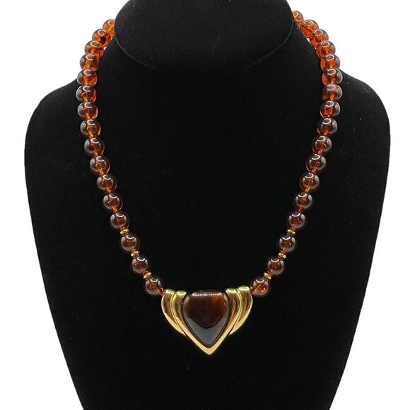 Napier Jewelry - Napier Vintage Faux Amber Round Bead Gold Cabochon Plaque Statement Necklace